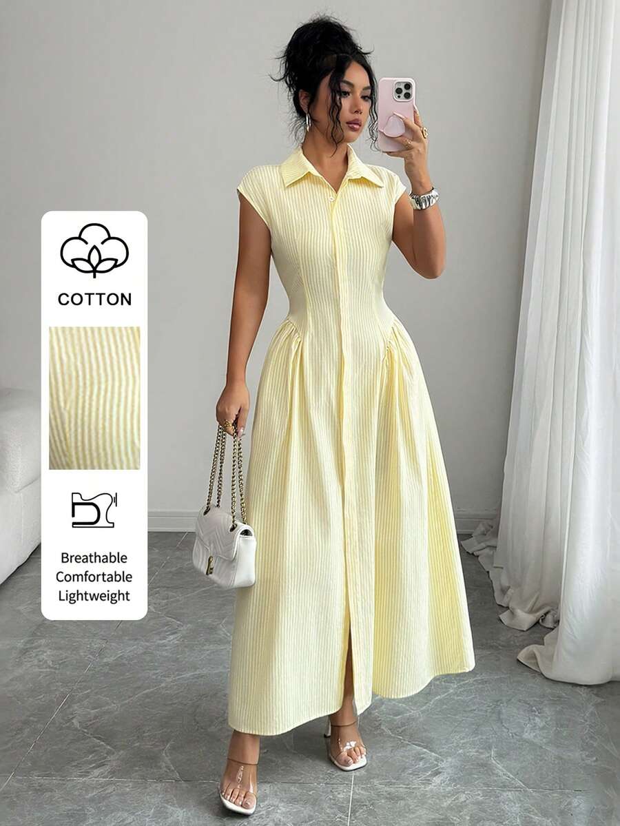Lili House 女士浅黄色棉质条纹短袖褶裥开衩连衣裙，优雅百搭，适合春夏办公、早午餐、约会、度假等场合。