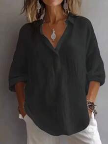 Women'S Elegant And Comfortable Loose Solid Color Long-Sleeve Shirt For Spring And Autumn. A Relaxed Style With A Collar And Half-Button Placket, Perfect For Casual Wear. This Versatile Top Is Suitable For Both Office And Leisure Time - 粉色 - 查看 8