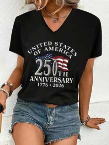 Graphic TeesV-Neck Women's T-Shirt - Featuring The Words "250th Anniversary Of The United States Of America 1776 To 2026" And The American Flag Design, Symbolizing Freedom And Tradition, Suitable For Daily Casual Wear100% Cotton - 黑色 - 查看 7
