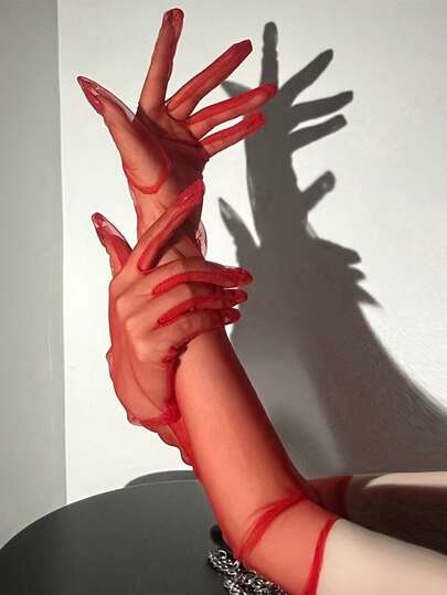 1 pár dámskych sexi tenkých červeno-čiernych rukavíc bez prstov, elegantný retro štýl, vhodné na fotenie, svadbu, halloweensku párty a formálne príležitosti