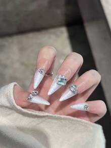 10片手工美甲贴片，杏仁长尖法式珍珠钻石美甲，堆叠大宝石鸽子蛋图案，可爱美甲，新娘美甲，杏仁甲，Y2K美甲，梦幻高端假指甲，创意图案，卡通甜美，酷炫独特可爱高端卡通美甲贴片，美甲用品，手工美甲贴片 - 彩色 - 查看 2