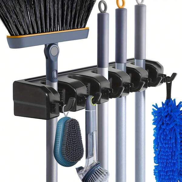 3/4/5 Position Wall Mounted Mop Holder, Multi-Functional Broom Hanger Rack, Black Magic Plastic Mop Rack, Space Saving Heavy Duty Wall Mounted Storage Rack With Safety Clips And Sliding Hooks For Mops, Brooms, Brushes, Dustpan, Suitable For Entryway, Laundry Room, Bathroom, Closet, Garage, Comes With Easy Installation Hardware