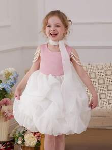 Young Girls Pearl Chain White Mesh Elegant Party Dress, Princess Dress, Pink Dress, Suitable For Girls Birthday Party, Prom, Wedding Flower Girl, Graduation, Casual Outings - Pink - View 5