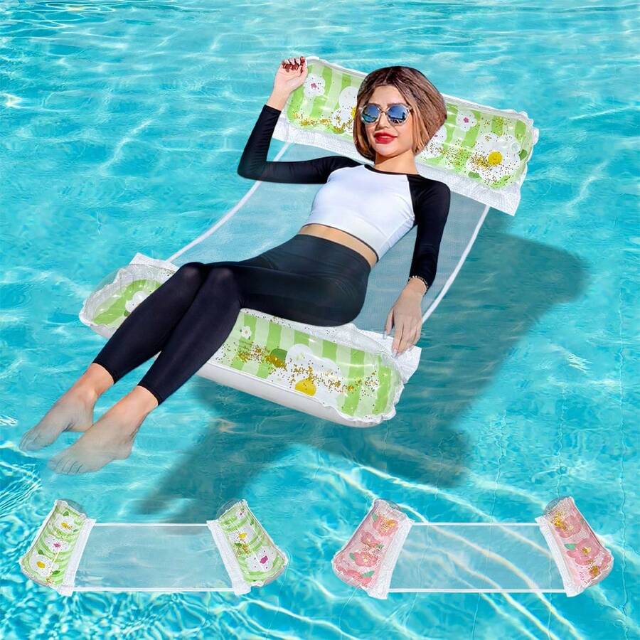 1 pieza Hamaca inflable con flores de lentejuelas, material de PVC, cama flotante inflable portátil para adultos, adecuada para playa, piscina, fiesta, recreación acuática y relajación - Hamaca de dos tubos con flores de lentejuelas - Ver 1