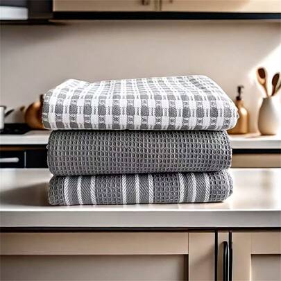 3pcs Bathroom Towel Set - Modern Striped And Plaid Design, Dish Towels, 45cm X 65cm, Kitchen Dish Cloths