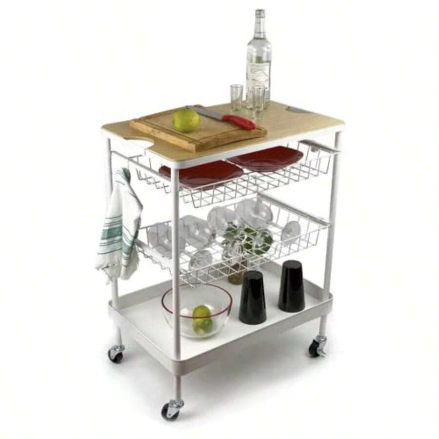 Carro de Servicio Multiusos de Cocina Carro De Almacenamiento 3 Niveles Carrito de Bar Hecho de Acero Inoxidable Hierro y Madera con Asas Ruedas y Frenos Color Blanco WK-03  855594 - como en la foto - Ver 1