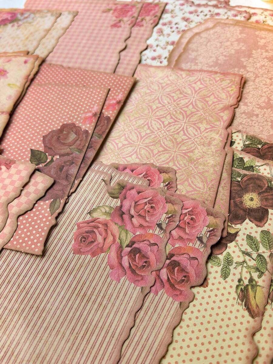 30pcs/Pack Vintage Rose Flower Asymmetrical Frame Decorative Paper, DIY Writable Decoration Material For Scrapbooking - Multicolor - View 1