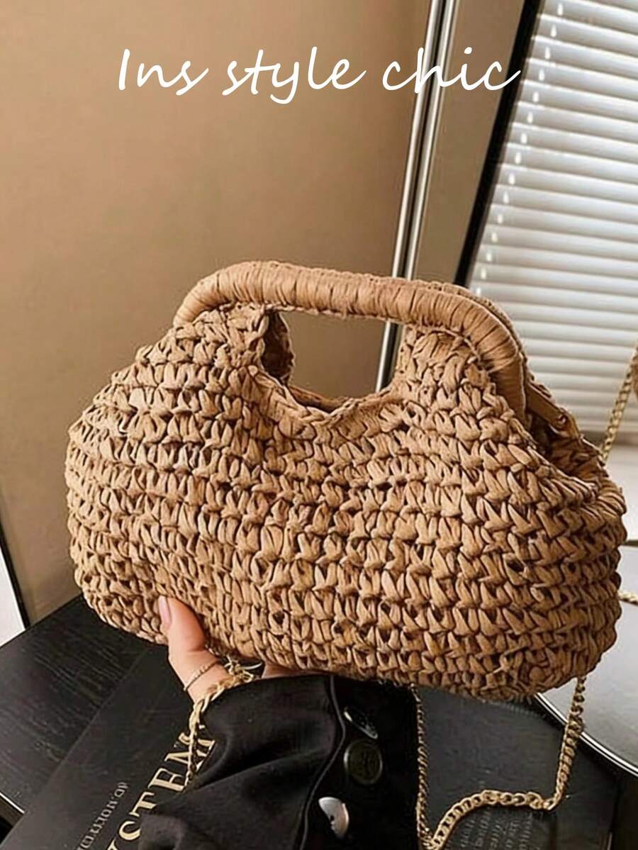 时尚编织草编手提包，优雅度假旅行之选，别致手提包，卡其色，轻便拉链袋，草编包 - 卡其色 - 查看 1