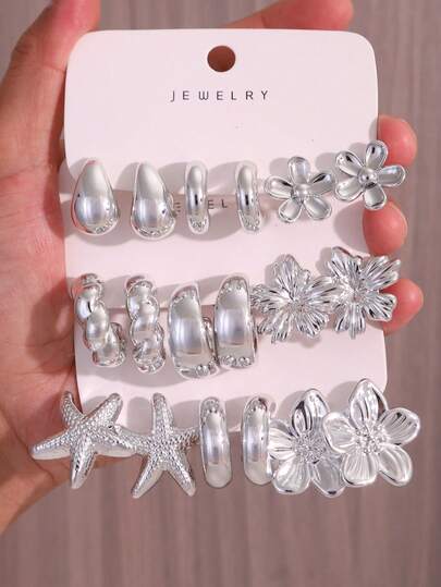 6/18pcs Silver Tone Large Starfish, Assorted Flower, Smooth Water Drop & C-Shaped Twist Hoop Earrings Set, Best Gift For Friends & Family