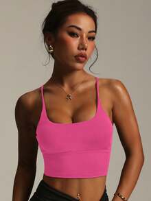 Damen einfarbiger drahtloser Kreuzträger modischer gestrickter Sporttop Frühling - Heißes Pink - Übersicht 4