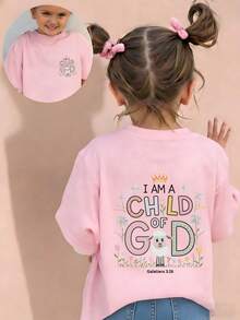 Young Girl Casual Funny Print Round Neck Short Sleeve T-Shirt, Summer Top - Pink - View 1