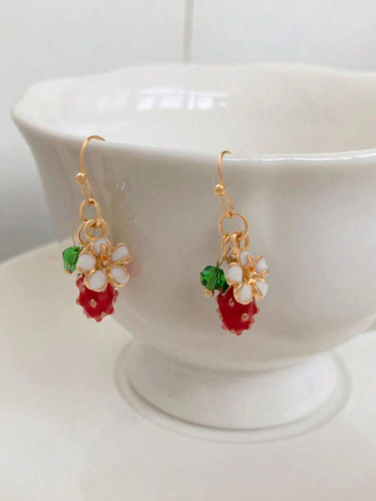 1 par de pendientes de frutas dulces de verano para niña, lindos pendientes de fresa fresca, pendientes florales (tarjeta no incluida) - Rojo - Añade 1