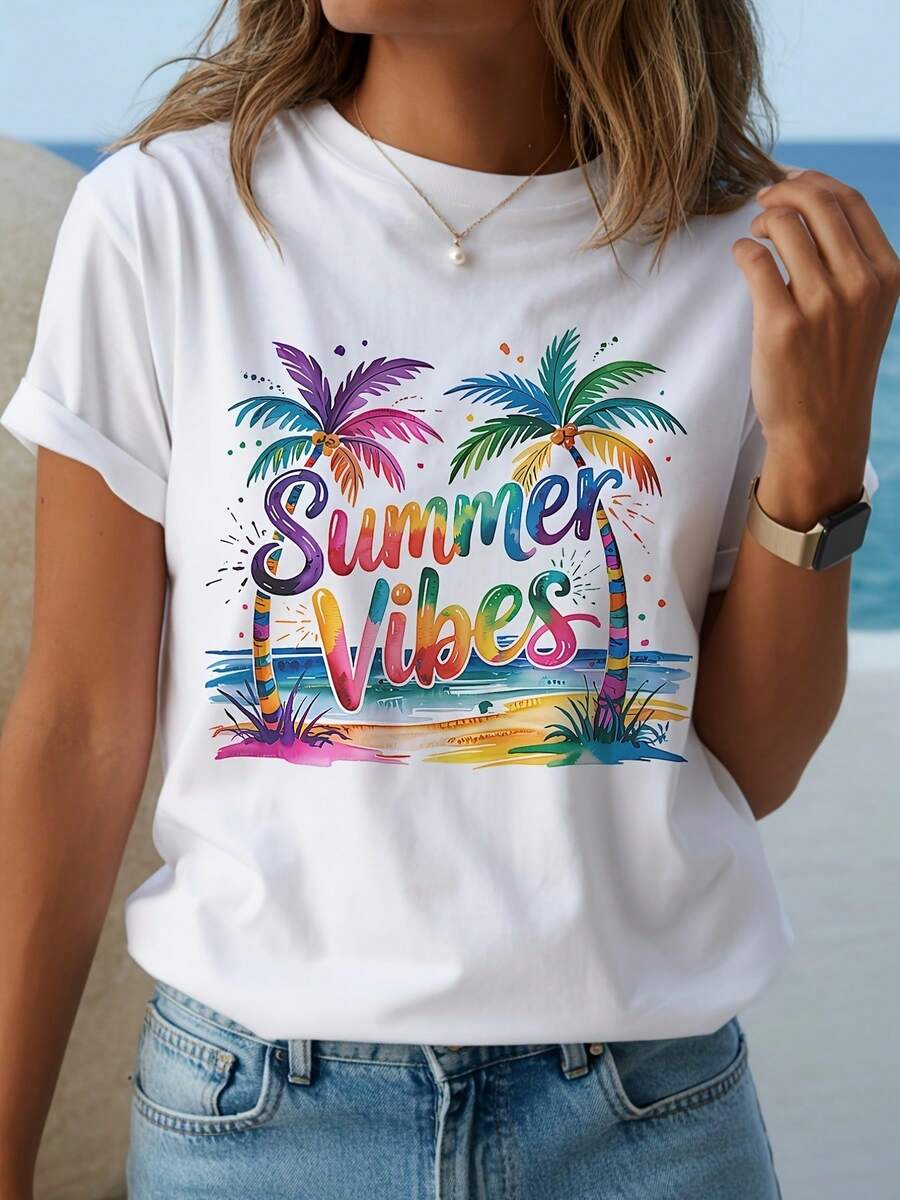 T-Shirt Featuring A Y2K Tropical Palm Tree Design And A Summery Vibe - A Lightweight Round Neck Short Sleeve Beach Shirt Adorned With A Light Pink, Purple, Blue, Yellow, Orange, And Green Print - Perfect For Casual Spring And Summer Wear - 白色 - 查看 1