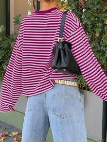 Women's Casual Top, Striped Color Block Ribbed Fabric, Suitable For Spring And Autumn - Hot Pink - View 8