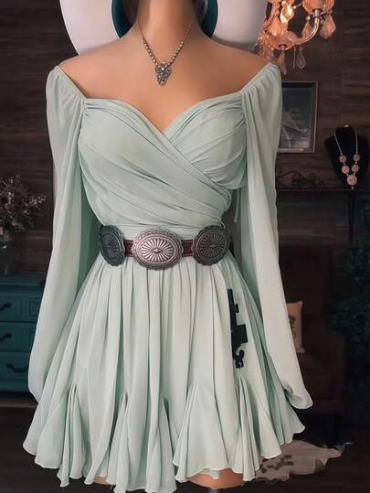 Vestido 2026 para mujer, unicolor, de tul, manga larga, plisado, estilo top