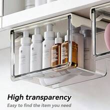 1pc Transparent Cosmetics Storage Box, Makeup Organizer, Hidden Mirror Cabinet Drawer Box, Multifunctional Bathroom Vanity Storage Box For Skincare, Q-Tip, Makeup Pad, Powder Puff, Makeup Spongem Jewelry, Lipstick, Hair Accessories - View 7