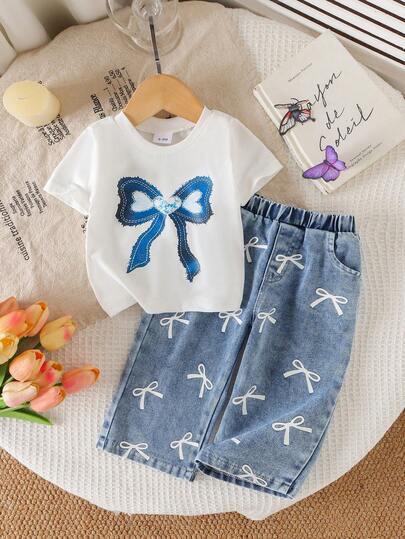 2件套女婴休闲蝴蝶结装饰圆领上衣和阔腿牛仔裤套装，夏季