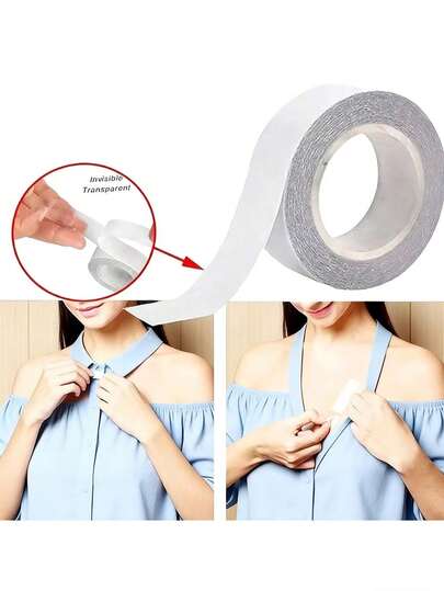 1卷5米女士时尚双面胶带，适用于衣物、身体、围巾、美容产品，适用于所有面料和肤质，配有切割工具和单卷透明胶带。