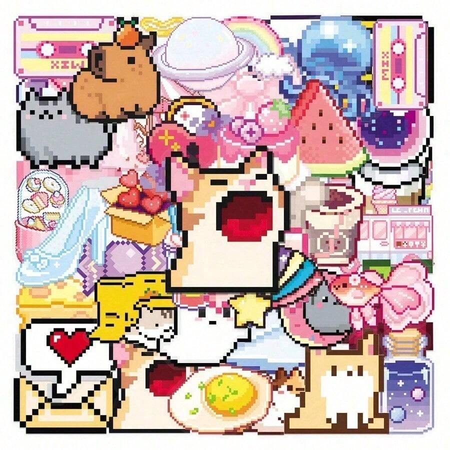 50pcs/Pack Transparent Pixel Retro Aesthetic Cute Mysterious INS Vintage Romantic Aesthetic Stickers, Adorable Cartoon Interesting Aesthetic Label Stickers For Scrapbooking, Self-Adhesive Stationery, Cards, Envelopes, Guitars, Instruments Decoration, Gifts For Teenagers, Parties, Rewards, Motivation, New Year, Winter, Christmas, Halloween Decor - 多色的 - 查看 1
