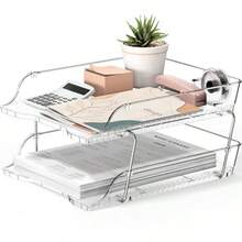 Simple Houseware - Organizador de bandeja de cartas apilable transparente de 2 niveles soporte para archivos de computadora para papel A4/tamaño carta clasificador de documentos organizador de - Claro - Ver 8