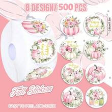 500 Sheets/Roll Autumn Pumpkin Sticker Roll Pink Watercolor Waterproof Decal Self-Paste Paper Envelope Scrapbook Decoration - Multicolor - View 5