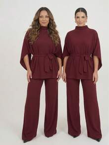 Women's Set: Batwing Sleeve Blouse And Wide-Leg Pants; Elegant Women's Set; Casual Women's Set; Comfortable Women's Set; Women's Set With A Rag Doll; High-Neck Women's Set; Batwing Sleeve Women's Set; Loose-Fitting Women's Set; Flowy Women's Set; Modern Women's Set; Versatile Women's Clothing; Elegant Women's Clothing; Comfortable Women's Outfit; Elegant Women's Look; Casual Women's Look; Women's Work Set; Women's Outing Set; Winter/Mid-Season Women's Set; Lightweight Women's Set; Sophisticated Women's Set; Wide-Leg Women's Set; Stylish Women's Set; Women's Fashion Set; Women's Wide-Leg Pants; Women's High-Waisted Pants; Elegant Women's Wide-Leg Pants; Comfortable Women's Batwing Sleeve Blouse; Elegant High-Neck Women's Blouse; Loose-Fitting Comfortable Rag Doll Women's Set; Women's Set With A Rag Doll Look ... - 紅木色 - 查看 2