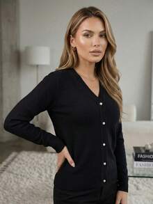 Women's Premium Knit Cardigan, Winter Coat, Pearl Buttons, V-Neck, Elegant - Black - View 1