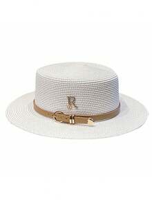 Sombrero de paja para mujer para viajes de verano, playa, cinturón de cuero con letra R de rhinestone, sombrero de sol plano de estilo británico retro, protección UV - Blanco - Ver 7
