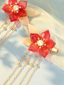 2pcs Chinese Style Pomegranate Flower Tassel Hair Clips, Cute & Sweet, Gift For Women, Suitable For Casual Everyday Wear, Claw Clips, Hair Claws, Hair Slide, Hair Barrettes, Hair Accessories, Head Accessories, Hairpin - 酒紅色 - 查看 4