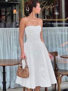 Robe d'été élégante pour femmes SUNSTORY, couleur unie, avec fermeture éclair, volants et empiècement en maille. Convient pour les invités de mariage, les cérémonies de remise des diplômes, les galas, les fêtes, les vacances, les rendez-vous, les anniversaires - Blanc - Voir 8
