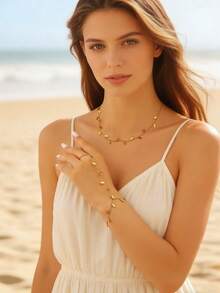 复古优雅简约时尚树叶项链和指链套装，不锈钢首饰，女士首饰套装，百搭日常休闲夏季海滩度假首饰配饰项链手链 - 金色 - 查看 3