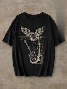 Camiseta de manga corta holgada de cuello redondo con estampado de guitarra de festival de música y águila, mezcla de Polyester, para verano - Negro - Ver 7