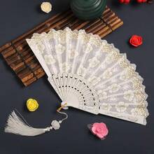 Breezier White Cherry Blossom Hand Fan With Gold Foil Print, Suitable For Home Use - A - View 3