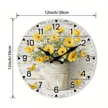 2D Flat, Vintage Yellow Bouquet Wooden Wall Clock - No Chime, Round Analog Clock, Floral Design With White Flower Pot - Perfect For Kitchen, Home Office, Library, Hallway, Apartment Decor - Size 10inch,Mothers Day Gift,Adornos Para Sala,Sunflower,House Essentials - Style/Multiple Colors/10in/25cm - View 5