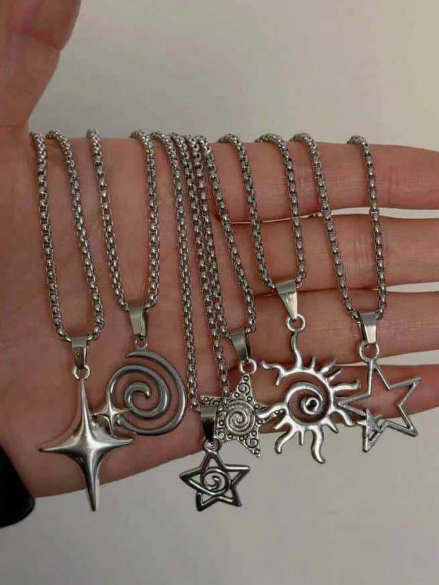 Bộ 6 mặt dây chuyền phong cách Gothic Punk cổ điển hình ngôi sao, ngọn lửa, hình xoắn ốc, mặt trời, trái tim, bộ 6 mặt dây chuyền hình thánh giá kiểu Baroque châu Âu, thích hợp cho Giáng sinh, Năm mới, Ngày lễ tình nhân và các ngày lễ khác. - Bạc - Xem 1