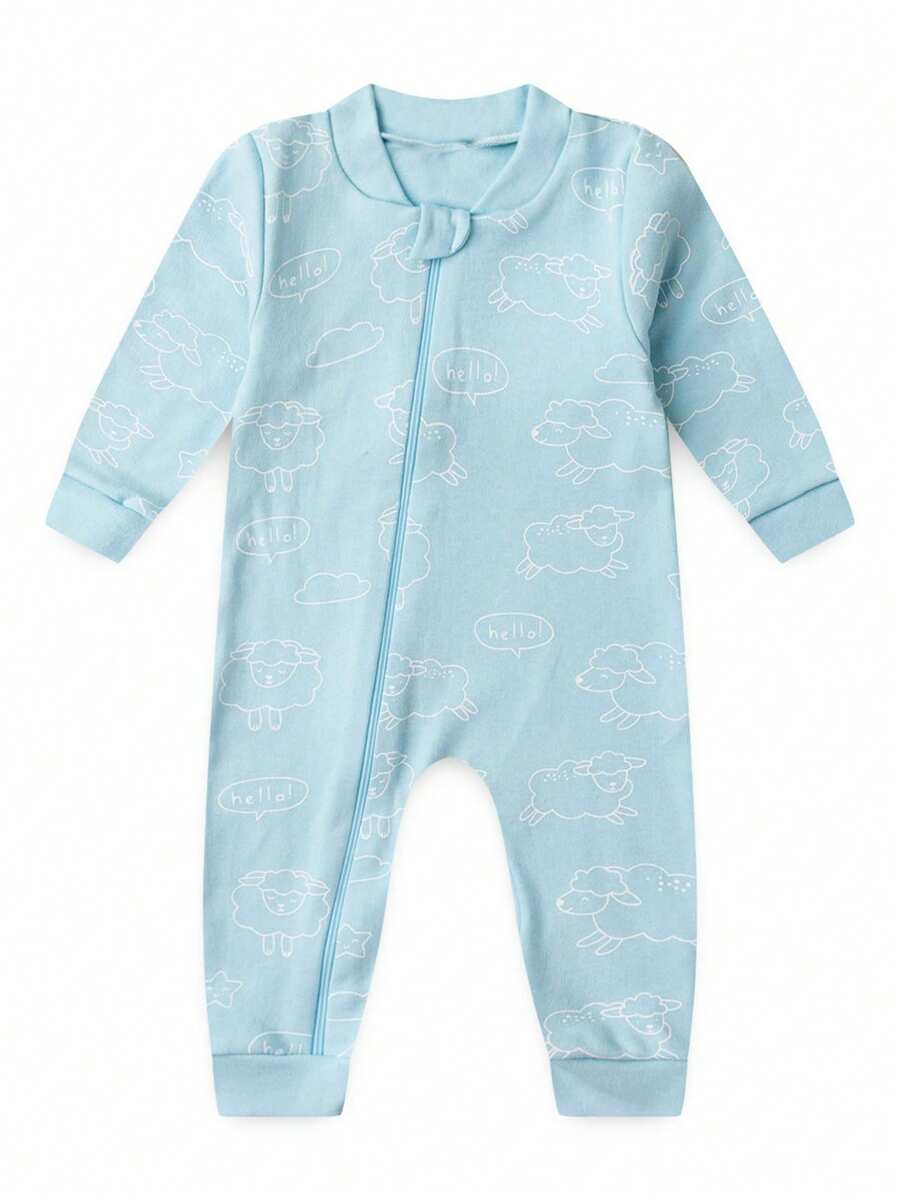 Baby Jumpsuit In Printed Suedine Fabric With Zipper (Newborn/Small/Medium/Large) - Baby Blue - View 1