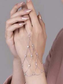 1 pièce Bracelet de doigt en maille d'argent avec strass, élégant et chic pour un port quotidien pour femmes, été - Argent - Voir 1