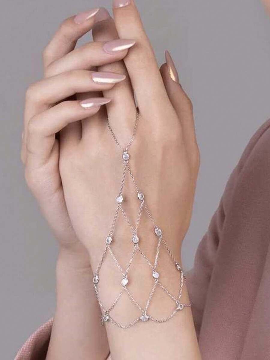 1 pièce Bracelet de doigt en maille d'argent avec strass, élégant et chic pour un port quotidien pour femmes, été - Argent - Voir 1