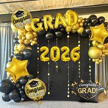 13件套2026黑色金色毕业派对气球，包含16英寸2026数字气球、16英寸金色GRAD铝箔气球、毕业帽、祝贺毕业铝箔气球，适用于2026毕业派对装饰、大学/高中毕业主题、生日、返校教室装饰、拍照道具。 - 彩色 - 查看 7