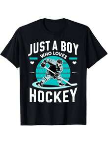 "Just A Boy Who Loves Hockey" T-Shirt For Men And Women - Breathable Short Sleeve Crew Neck T-Shirt With Puck And Hockey Stick Design - Casual Sports Fan Clothing For Everyday Wear, Urban Style - Machine Washable Black Graphic T-Shirt - 黑色 - 查看 8