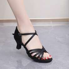 5cm/7cm Heel Latin Dance Shoes, Satin Material, Suitable For Professional Dance Hall, Adult Dance Practice, 3 Color Options - Black - View 3