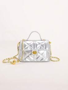 1 pièce Sac à chaîne rose en PU matelassé avec motif en diamant brodé, sac carré petit et à la mode avec rabat et fermeture à bascule, sac à épaule/bandoulière polyvalent convenant pour un usage quotidien, des sorties, les courses, le thé de l'après-midi - Argent - Voir 4