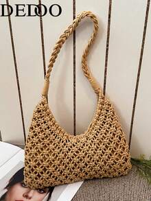 Tas Selempang Pantai Anyaman Tangan Kapasitas Besar Serbaguna untuk Musim Panas dan Kasual - Khaki - View 11