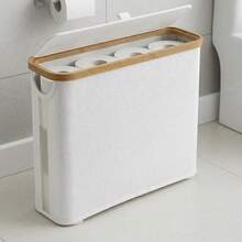 Bamboo Toilet Paper Storage Basket With Lid-Large Capacity Holds 12 Rolls, StylishBathroom Organizer With Wooden Slats AndgeMetal Frame, Gray Fabric-Like Exterior, Perfectfor Modern Bathrooms, Multipurpose Basket Natural Aesthetic Fabriclike Finish, ToiletPaper Storage Containers - Xem 8