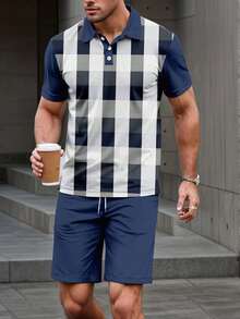 Men's Plaid Print Short Sleeve Polo Shirt And Shorts Set - Blue - View 2