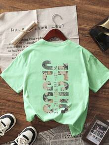 Tween Boys' Graphic Print Short Sleeve T-Shirt, Student Youth Casual Summer Top - Mint Green - View 4