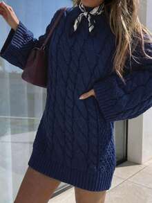 Just Masa 女士春季休闲优雅宽松针织毛衣，圆领长袖麻花针织纯色弹力时尚简约设计基础款中长套头衫，适合通勤、日常穿着、旅行、度假和约会。 - 藏蓝色 - 查看 11