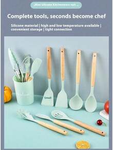 1 pieza Espátula de silicona dedicada a sartenes antiadherentes, espátula de cocina para el hogar, cuchara de madera para sopa, juego de 12 piezas de utensilios de cocina - Multicolor - Ver 10