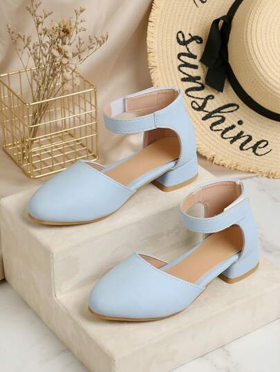 New Cute Light Blue Shiny Solid Color Fashion Children Shoes, Elegant Bohemian Style Girls High Heel Sandals, Non-Slip Thick Rubber Sole Light Blue High Heel Sandals, Beautiful Girls' First Choice For School, Party, Prom, Beach Vacation High Heel Sandals