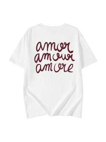 女士休闲短袖T恤，复古酒红色，印有手写字母“Amore”，宽松落肩设计，法式随性风格，百搭日常、街头风、约会、校园通勤、春夏新款Y2K可爱酷炫风 白色 - 白色 - 查看 2